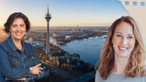 Thumbnail Hafen Leader Session Talente motivieren. Moderatorin Martha & Speakerin Maren Schweer vor dem Düsseldorfer Hafen. Schrift: Wie viele Regeln hält ein Unternehmen aus?