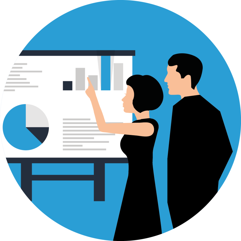 Schaubild mit zwei Personen, die auf ein Plakat mit Diagrammen schauen. Das Bild soll die Optimierung des Recruiting-Prozesses bei Synnous veranschaulichen.