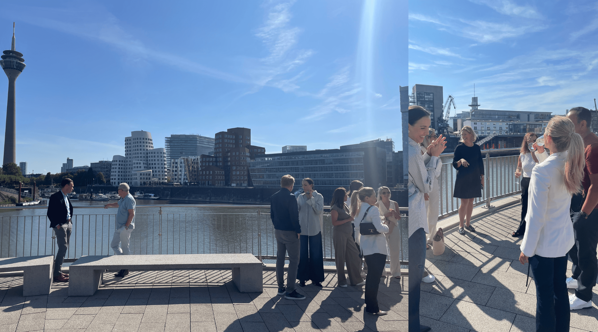 Gäste des KI Business Breakfast netzwerken auf der sonnigen Terasse des Hyatt Düsseldorfs